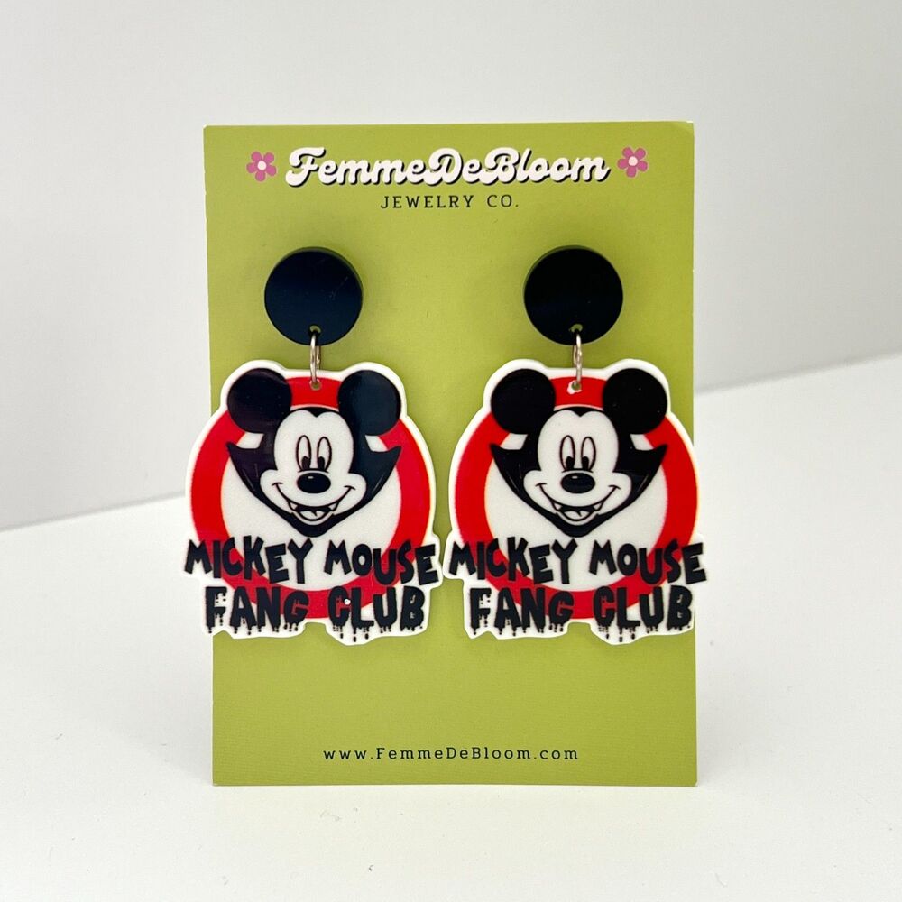NWT FemmeDeBloom Mickey Mouse Fang Club Acrylic Dangle Drop Statement Earrings